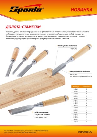 Долото-стамеска 24 мм, деревянная рукоятка Sparta 242505 купить в Надыме