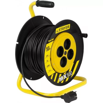 Удлинитель на катушке "MX500", 50 м, 4 гнезда, ПВС 2x1 кв мм, 2200 Вт, STAYER 55074-50 купить в Надыме
