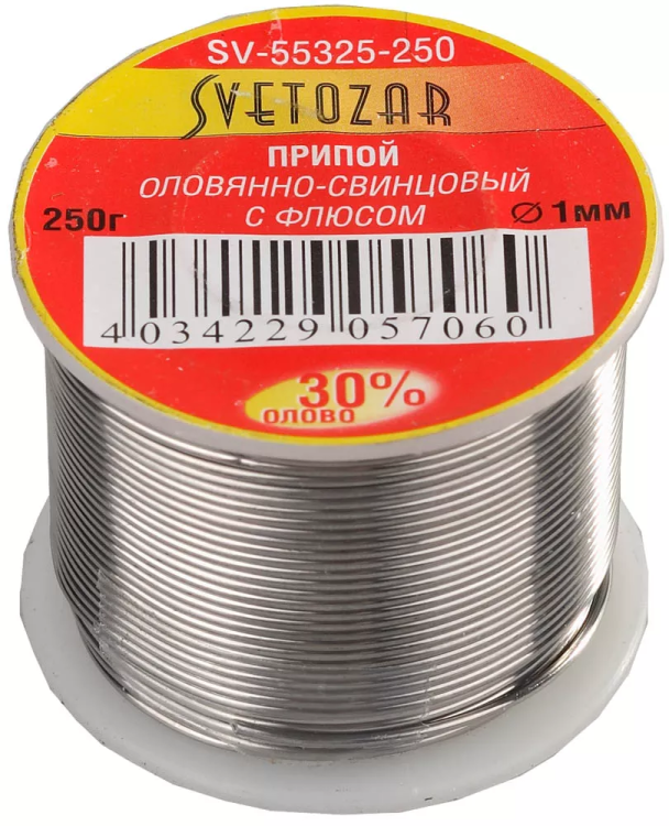 Припой СВЕТОЗАР оловянно-свинцовый, 30% Sn / 70% Pb, 250гр SV-55325-250 купить в Надыме