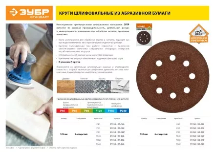 Круг шлифовальный ЗУБР &quot;СТАНДАРТ&quot; из абразивной бумаги на велкро основе, 6 отв., Р240, 150мм, 5шт 35350-150-240 купить в Надыме