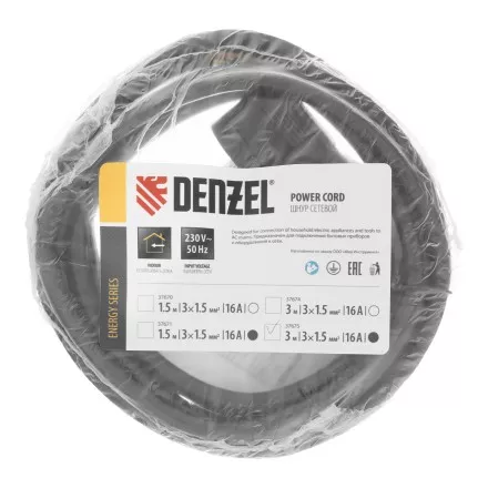 Шнур сетевой Energy Series Denzel, ПВС, 3 м, 3 x 1,5 мм, с неразборной вилкой, черный, 3 м, 37675 купить в Надыме