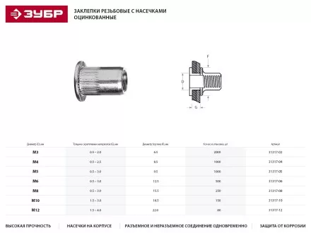 Заклепки ЗУБР резьбовые с насечками, М8, 250шт 31317-08 купить в Надыме
