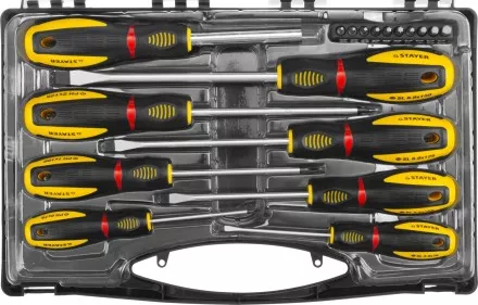 Набор STAYER &quot;PROFESSIONAL&quot; &quot;PROTech&quot;: Отвертки, Cr-Mo, двухком рукоят, отвертки 7шт, отвертка-битодержатель, биты 10шт 25133-H8_z02 купить в Надыме