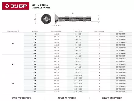 Винт DIN 965, M6 x 16 мм, 9 шт, кл. пр. 4.8, оцинкованный, ЗУБР 303116-06-016 купить в Надыме