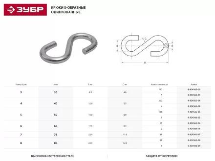 Крюк ЗУБР S-образный, оцинкованный, 6мм, 2 шт 4-304566-06 купить в Надыме