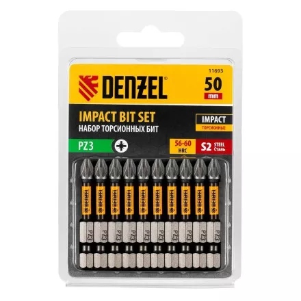 Бита IMPACT, PZ3x50 мм, лазерная обработка шлица, сталь S2, 10 шт., Е 6,3 Denzel 11693 купить в Надыме