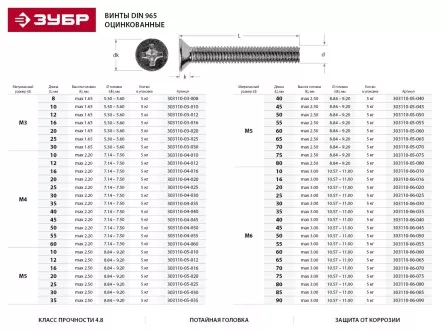 Винт ЗУБР &quot;МАСТЕР&quot; DIN 965, класс прочности 4.8, оцинкованный, M3x16мм, 5кг 303110-03-016 купить в Надыме