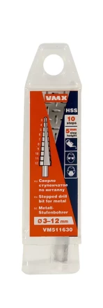 Сверло для металла ступенчатое 3-12мм 10 ступ шаг 1 ход 5 VMX 511630 купить в Надыме