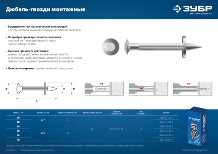 ЗУБР ДГМ, 40 x 4.5 мм, цинк, 1 кг, монтажный дюбель-гвоздь , Профессионал (3063-45-40-1) купить в Надыме