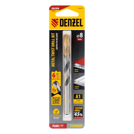 Сверло спиральное по металлу Denzel 8 x 117мм, Р6М5, Golden Tip, многогранная заточка, 718282 купить в Надыме