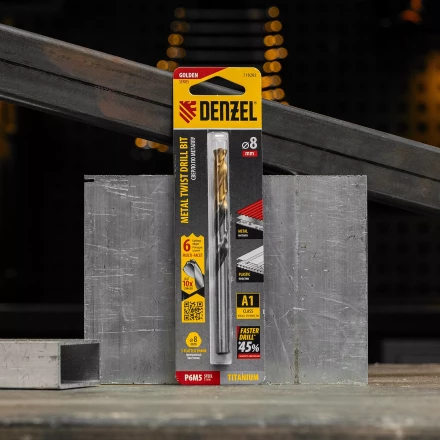 Сверло спиральное по металлу Denzel 8 x 117мм, Р6М5, Golden Tip, многогранная заточка, 718282 купить в Надыме