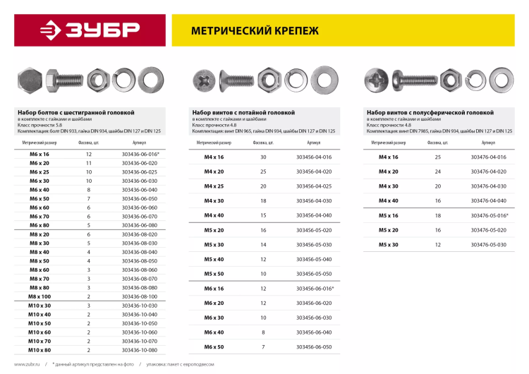 Винт (DIN965) в комплекте с гайкой (DIN934), шайбой (DIN125), шайбой пруж. (DIN127), M5 x 50 мм, 10 шт, ЗУБР 303456-05-050 купить в Надыме
