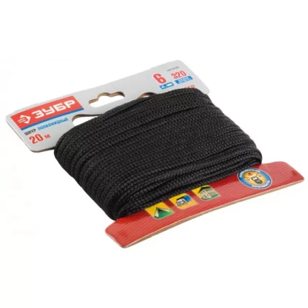 Шнур ЗУБР полиамидный, плетеный, повышенной нагрузки, без сердечника, черный, d 6, 20м 50321-06-020 купить в Надыме