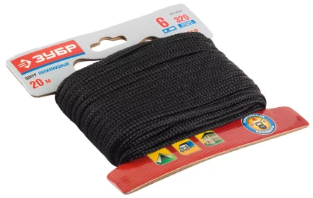 Шнур ЗУБР полиамидный, плетеный, повышенной нагрузки, без сердечника, черный, d 6, 20м 50321-06-020 купить в Надыме