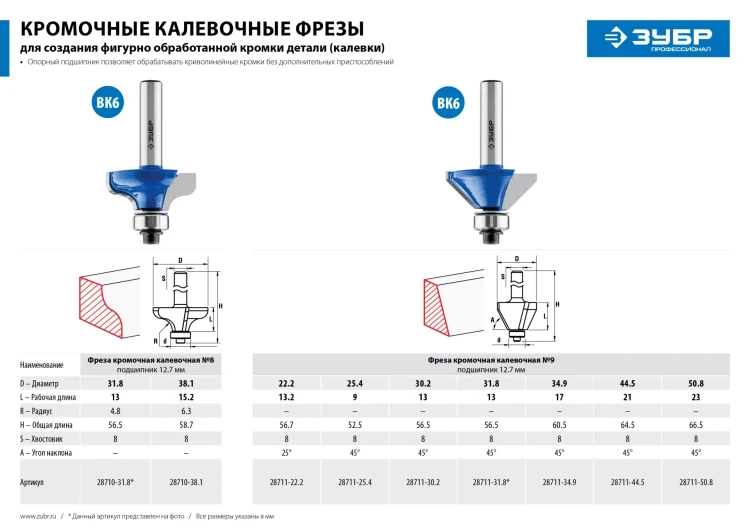 ЗУБР 50.8 x 27 мм, фреза кромочная калевочная (фасочная) №9, Профессионал (28711-50.8) купить в Надыме