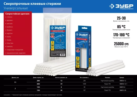 ЗУБР 11 х 200 мм, 12 шт, сверхпрочные прозрачные клеевые стержни, Профессионал (06856-12) купить в Надыме
