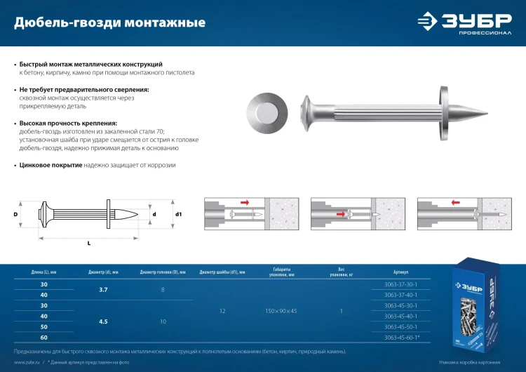 ЗУБР ДГМ, 50 x 4.5 мм, цинк, 1 кг, монтажный дюбель-гвоздь , Профессионал (3063-45-50-1) купить в Надыме