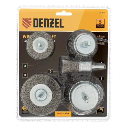 Набор щеток для дрели Denzel, 2 Плоские 50-75мм, 3 Чашки 25-50-75мм, шпилька,  нерж.вит. проволока 74493 купить в Надыме