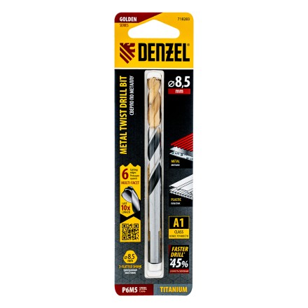 Сверло спиральное по металлу Denzel, 8,5 x 117мм, Р6М5, Golden Tip, многогранная заточка, 718283 купить в Надыме