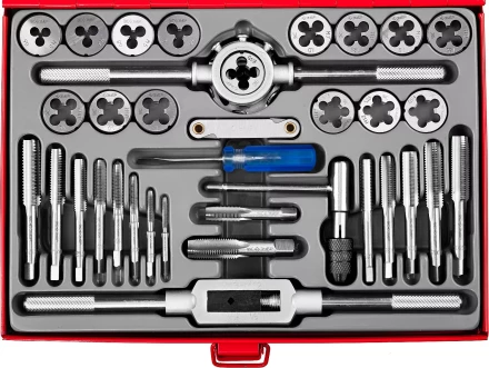 Набор ЗУБР "ЭКСПЕРТ" с металлореж. инструментом, метчики однопроходные и плашки М3-М12, оснастка-в метал. боксе, 35пред. 28117-H35 купить в Надыме