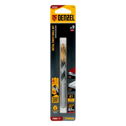 Сверло спиральное по металлу Denzel 9 x 125мм, Р6М5, Golden Tip, многогранная заточка, 718284 купить в Надыме