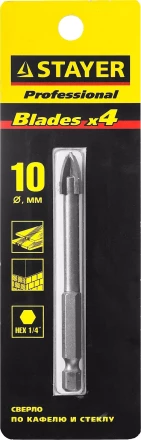 Сверло по кафелю, керамике, стеклу, с четырьмя режущими лезвиями, шестигранный хвостовик, 10 мм, STAYER "PROFESSIONAL" 2985-10 2985-10_z01 купить в Надыме