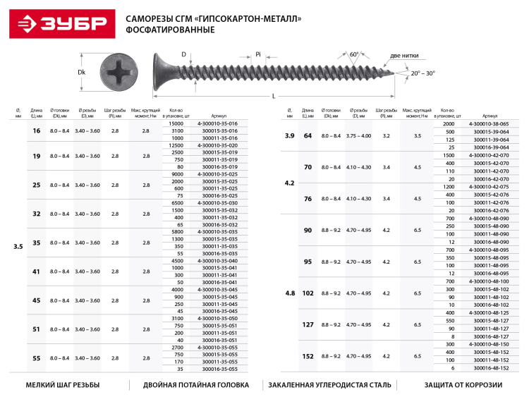 Саморезы фосфатированные с мелкой резьбой, гипсокартон-металл, ЗУБР 300016-48-127, PH2, 4,8 x 127 мм, 8 шт 300016-48-127 купить в Надыме