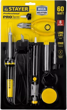 Набор STAYER "PROFI" для паяльных работ, паяльник 55300 + подставка + припой + жало сменное + шприц + насадка на жало + канифоль + кусачки, 60 Вт 55314-60-H8 купить в Надыме