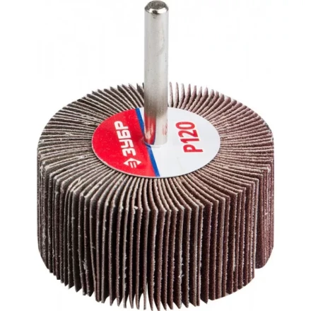 Круг шлифовальный ЗУБР "МАСТЕР" веерный лепестковый, на шпильке, тип КЛО, зерно-электрокорунд нормальный, P120, 30х60мм 36602-120 купить в Надыме