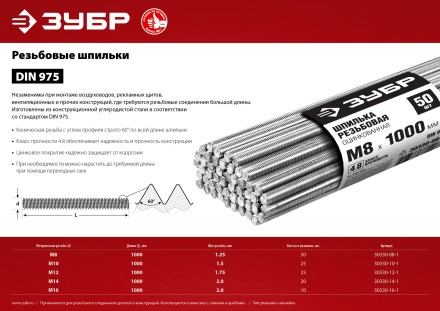 ЗУБР DIN 975, кл. пр. 4.8, М8 х 1000 мм, цинк, 50 шт, резьбовая шпилька (30330-08-1) купить в Надыме