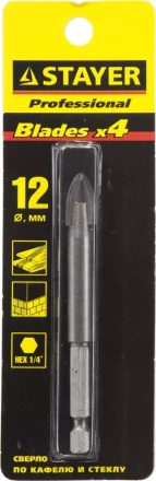 Сверло по кафелю, керамике, стеклу, с четырьмя режущими лезвиями, шестигранный хвостовик, 12 мм, STAYER "PROFESSIONAL" 2985-12 2985-12_z01 купить в Надыме