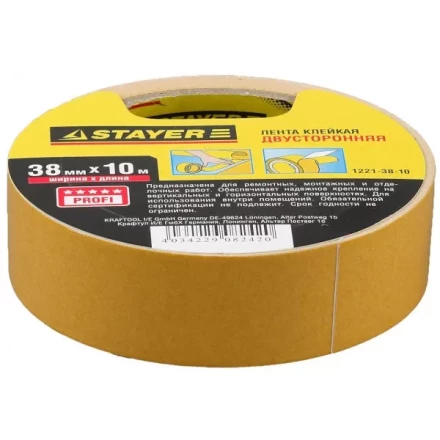 Двухсторонняя клейкая лента на полипропиленовой основе, STAYER 1221-38-10, 38мм х 10м 1221-38-10 купить в Надыме