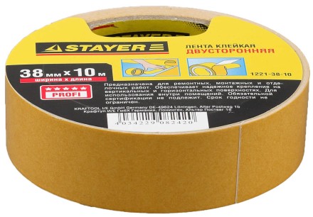 Двухсторонняя клейкая лента на полипропиленовой основе, STAYER 1221-38-10, 38мм х 10м 1221-38-10 купить в Надыме