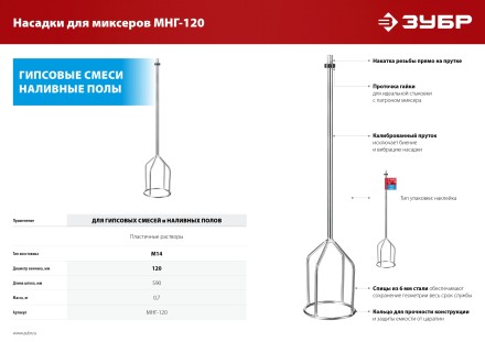 ЗУБР М14, d120 мм, насадка-миксер для гипсовых смесей и наливных полов (МНГ-120) купить в Надыме