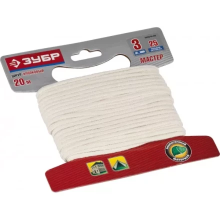 Шнур ЗУБР хлопковый плетеный, натуральный, без сердечника, d=3, 20 м, 25 кгс, 3,75 ктекс 50350-03-020 купить в Надыме