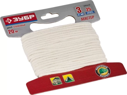 Шнур ЗУБР хлопковый плетеный, натуральный, без сердечника, d=3, 20 м, 25 кгс, 3,75 ктекс 50350-03-020 купить в Надыме