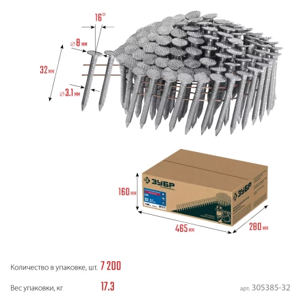 ЗУБР CRN 32 х 3.1 мм, барабанные гвозди кровельные оцинкованные, 7200 шт (305385-32) купить в Надыме