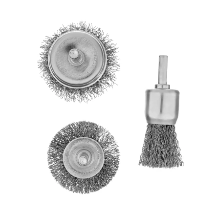 Набор щеток для дрели, 1 Плоская 50мм, 2 Чашки 25-50мм, шпилька, нерж. вит. проволока Denzel 74491 купить в Надыме