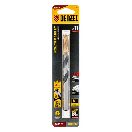 Сверло спиральное по металлу Denzel, 11 x 142мм, Р6М5, Golden Tip, многогранная заточка, 718286 купить в Надыме