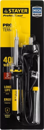 Паяльник PROTerm с двухкомпонентной рукояткой, в комплекте с припоем и подставкой, жало - конус, STAYER Professional 55300-40, 40 Вт 55300-40 купить в Надыме
