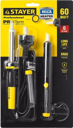 Набор для паяльных работ STAYER "PROFI" PROTerm, 55313-60-H6, паяльник 55300 + подставка + припой + жало сменное + шприц + насадка на жало, 60 Вт 55313-60-H6 купить в Надыме