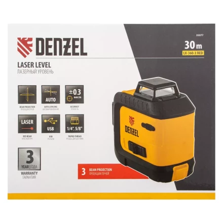 Лазерный уровень мультипризменный LX 360-3 Red, 30 м, 635 нм, аккумулятор Li 2800 мАч, резьба 5/8" Denzel 35077 купить в Надыме