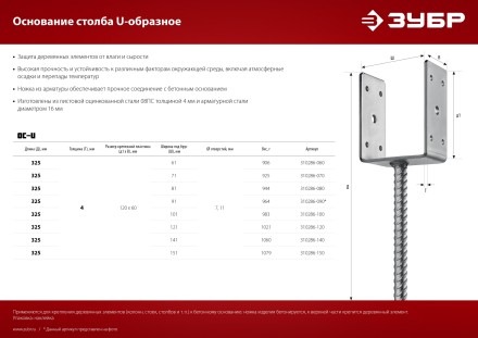 ЗУБР ОС-U, 61 x 120 x 60 мм, U-образное основание столба (310286-060) купить в Надыме