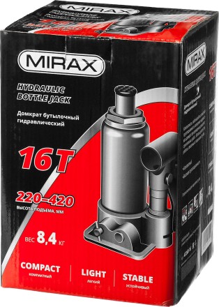 Домкрат гидравлический бутылочный, 16т, 220-420 мм, MIRAX 43260-16 43260-16 купить в Надыме