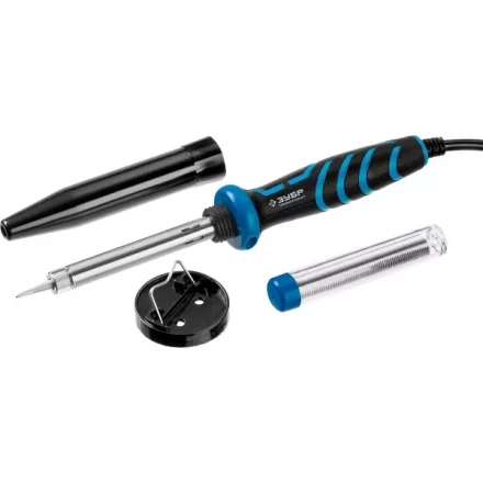 Паяльник ЗУБР "ПРОФЕССИОНАЛ" с двухкомпонентной рукояткой и защитным колпачком в наборе с припоем и подставкой, 40Вт, конус 55402-40_z01 купить в Надыме