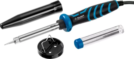 Паяльник ЗУБР "ПРОФЕССИОНАЛ" с двухкомпонентной рукояткой и защитным колпачком в наборе с припоем и подставкой, 40Вт, конус 55402-40_z01 купить в Надыме