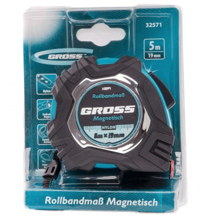 Рулетка Magnetisch 5 м х 19 мм обрезиненный корпус автоматическая фиксация Нейлоновое покрытиеытие зацеп с магнитом Gross 32571 купить в Надыме
