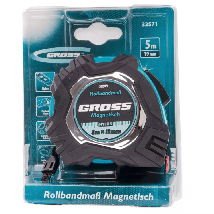 Рулетка Magnetisch 5 м х 19 мм обрезиненный корпус автоматическая фиксация Нейлоновое покрытиеытие зацеп с магнитом Gross 32571 купить в Надыме