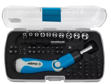 Набор ЗУБР Отвертка "ЭКСПЕРТ" реверсивно-рычажная с насадками,удл. с магнит.фикс.,Hex1/4"-SQ1/4",в пласт. боксе,64пред. 25287-H64 купить в Надыме