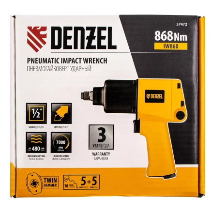 Ударный пневмогайковерт IW860, 1/2", 7000 об/мин, 868 Нм Denzel 57472 купить в Надыме